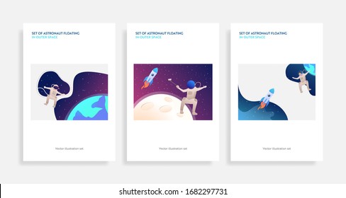 Set of astronaut floating in outer space. Flat vector illustrations of planets, rockets, taking selfie. Cosmos, exploration concept for banner, website design or landing web page