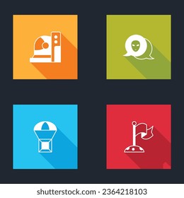 Set Astronaut helmet, Alien, Box flying parachute and Moon with flag icon. Vector