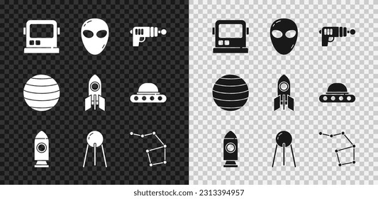 Set Astronaut helmet, Alien, Ray gun, Rocket ship, Satellite, Great Bear constellation, Planet Venus and  icon. Vector