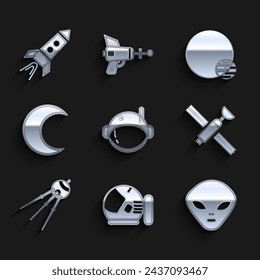 Set Astronaut helmet, Alien, Satellite, Moon and stars, Planet and Rocket ship with fire icon. Vector