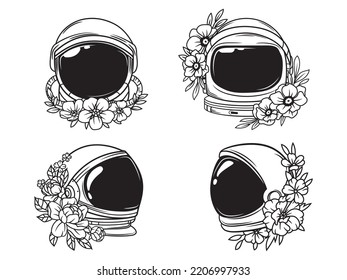 Set of astronaut helmet with flower. Collection of cosmos item with flower wreath. Astronomy. Design of universe objects. Vector illustration on white background.