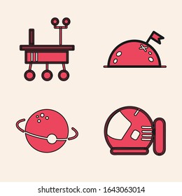 Set Astronaut helmet, Mars rover, Planet with flag and Planet icon. Vector