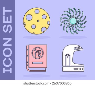Set Astronaut helmet, Moon, Book by astronomy and Black hole icon. Vector