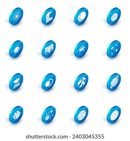 Set Astronaut helmet, Moon, Planet Venus, Satellites orbiting the planet Earth, dish, Celestial map of night sky, Falling stars and UFO flying spaceship icon. Vector