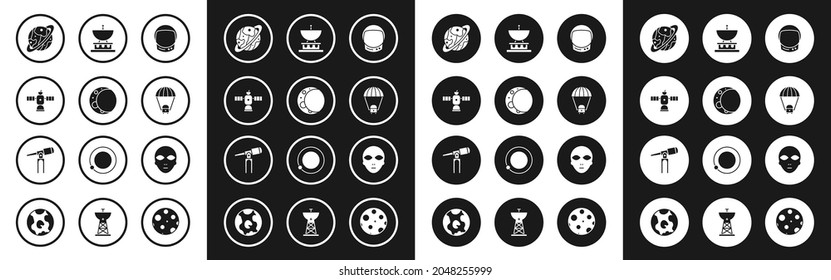 Set Astronaut helmet, Moon, Satellite, Planet Saturn, Space capsule and parachute, dish, Alien and Telescope icon. Vector