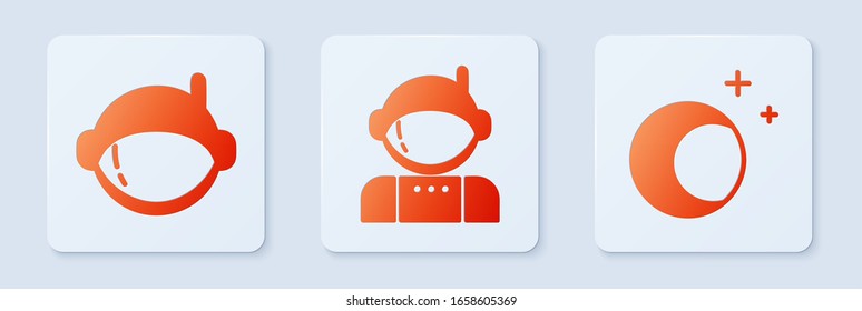 Set Astronaut, Astronaut helmet and Moon and stars. White square button. Vector