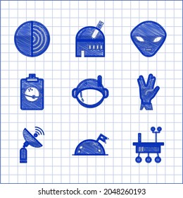 Set Astronaut helmet, Planet with flag, Mars rover, Vulcan salute, Radar, Alien and Earth structure icon. Vector