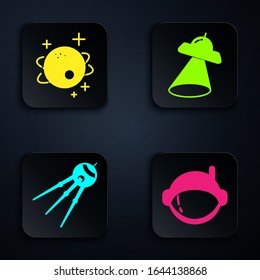 Set Astronaut helmet, Planet, Satellite and UFO flying spaceship. Black square button. Vector