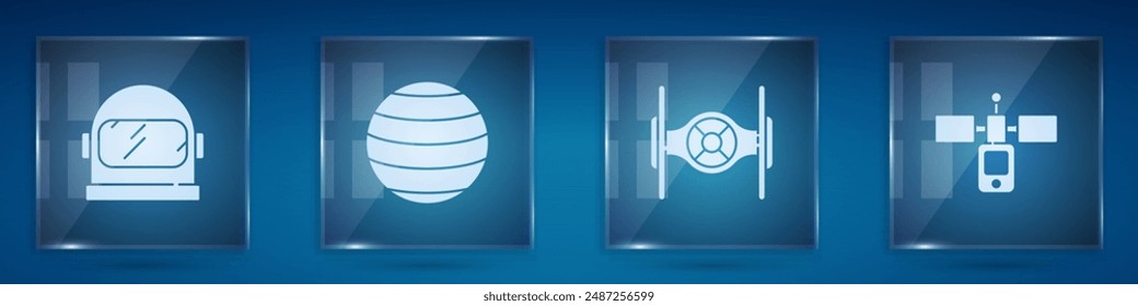 Set Astronaut helmet, Planet Venus, Cosmic ship and Satellite. Square glass panels. Vector