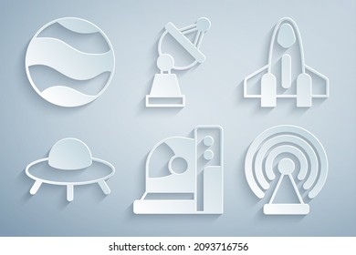 Set Astronaut helmet, Rocket ship, UFO flying spaceship, Radar, Satellite dish and Planet icon. Vector