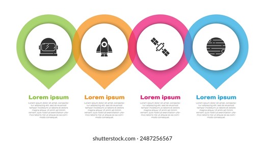 Set Astronaut helmet, Rocket ship, Satellite and Planet. Business infographic template. Vector