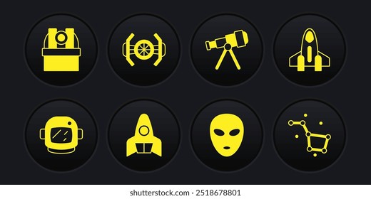 Set Astronaut helmet, Rocket ship, Alien, Telescope, Cosmic, Great Bear constellation and Astronomical observatory icon. Vector