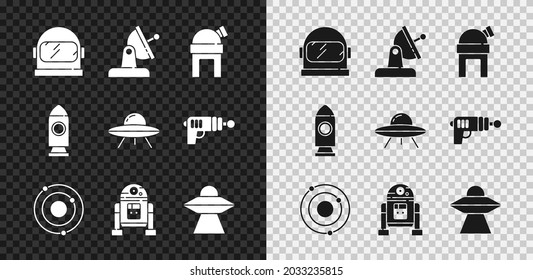 Set Astronaut helmet, Satellite dish, Astronomical observatory, Solar system, Robot, UFO flying spaceship, Rocket and  icon. Vector
