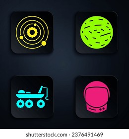 Set Astronaut helmet, Solar system, Mars rover and Planet Venus. Black square button. Vector