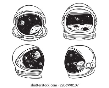 Set of astronaut helmet in a space. Collection of cosmos item with universe scene. Astronomy. Vector illustration on white background.