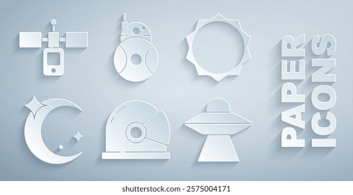 Set Astronaut helmet, Sun, Moon and stars, UFO flying spaceship, Robot and Satellite icon. Vector