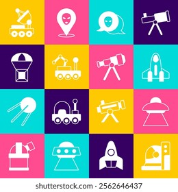 Set Astronaut helmet, UFO flying spaceship, Rocket, Alien, Mars rover, Box parachute,  and Telescope icon. Vector