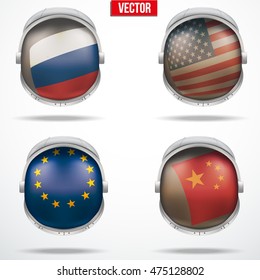 Set of Astronaut helmets with flags reflecting on visor glass. Vector Illustration Isolated on White Background