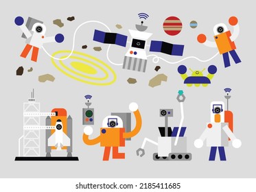 Set of Astronaut Humanoids Flat Geometric Character Design