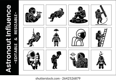 Set Of Astronaut Icons In Different Poses Minimalist Black And White Style