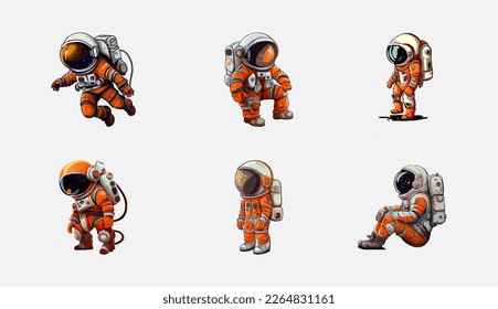 Set of Astronaut isolated on white background. Cartoon clipart. Astronauts in various poses in outer space. Flat man for comics, games and other design. Exploration of the galaxy by astronauts. 