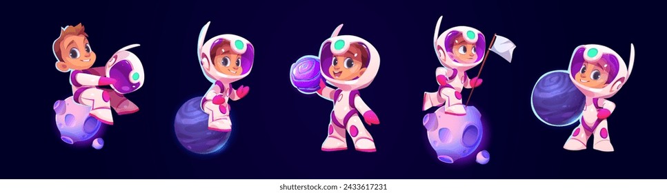 Set of astronaut kids isolated on black background. Vector cartoon illustration of cute child in astronaut spacesuit playing with planet, white flag, floating in galaxy, space education mascot