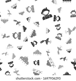 Set Astronaut, Mars rover, Radar and UFO flying spaceship on seamless pattern. Vector