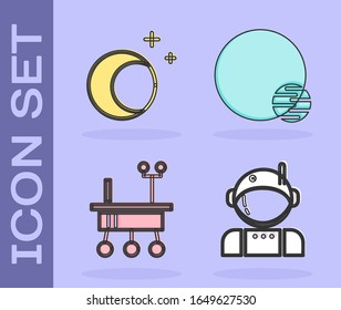 Set Astronaut, Moon and stars, Mars rover and Planet icon. Vector