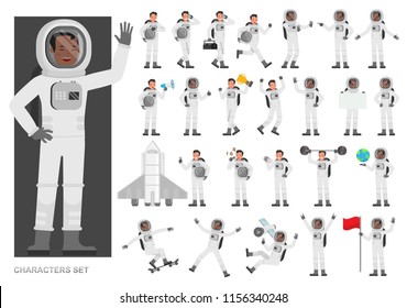 Set of Astronaut people working character vector design. Presentation in various action with emotions, running, standing and walking. 