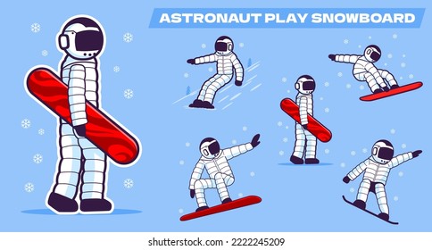 Set of astronaut play snowboard in winter. Winter mountain sports activities.
