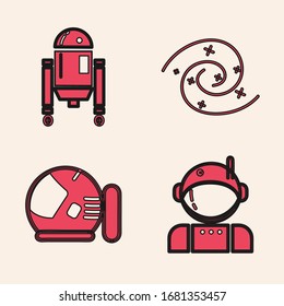 Set Astronaut, Robot, Black hole and Astronaut helmet icon. Vector