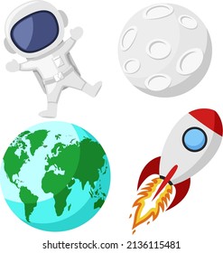 Set of astronaut, rocket and planets on a white background.