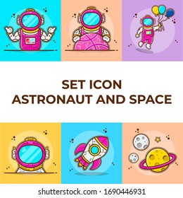 Set Astronaut and Satellite with Rocket, Stars, Moon, Helmet, Spaceship, Cosmic Vector Illustration. Flat Cartoon Style Suitable for Sticker, Wallpaper, Icon, etc.