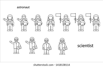 set of astronaut and scientist white background black line
