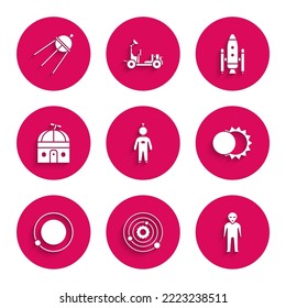 Set Astronaut, Solar system, Alien, Eclipse of the sun, Satellites orbiting planet Earth, Astronomical observatory, Space shuttle and rockets and  icon. Vector