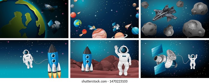 Set of astronaut and solar system illustration