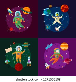 Set of astronaut in space. Flat vector illustration with spaceship, satellite and planets.