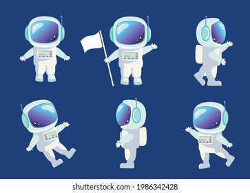 A set of astronaut in a spacesuit from different angles. Space travel and exploration vector illustration in cartoon style.