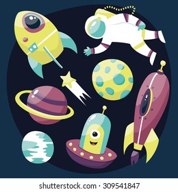 Set astronaut, stars, comets, planets and space ships