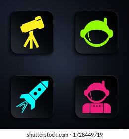 Set Astronaut, Telescope, Rocket ship with fire and Astronaut helmet. Black square button. Vector