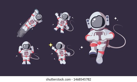 Set of astronaut in various poses in outer space. Spaceman galaxy exploration. Astronomy intergalactic star mission flight, galactic research concept. Flat man for comic, games and other design
