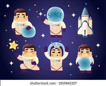 set of astronaut in various poses in space and spaceship vector illustration