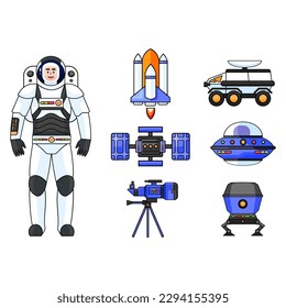 Set of Astronaut. Astronaut Vector Graphic Asset. Rocket, Satellites, Tellescope, UFO, Space Car and Space Robot.