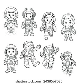 set of astronaut vector illustrations. Kids astronauts. Cartoon. Character.