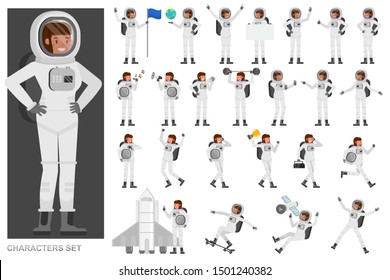 Set of Astronaut woman people working character vector design. Presentation in various action with emotions, running, standing and walking. 