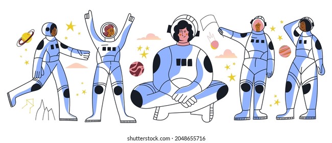 Set of astronaut women in spacesuit and helmet in different poses flat vector illustration. Clipart with girl cosmonaut characters. International female group in cosmos. Isolated astronauts people