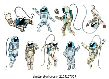 Set of astronauts or cosmonauts in spacesuit floating in weightlessness. Hand drawn spacemans for t-shirt print design. People exploring universe