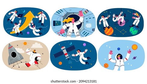 Set of astronauts in costumes discover open space on spaceship or satellite. Collection of spacemen flying near orbital body explore cosmos or universe. Science concept. Flat vector illustration. 