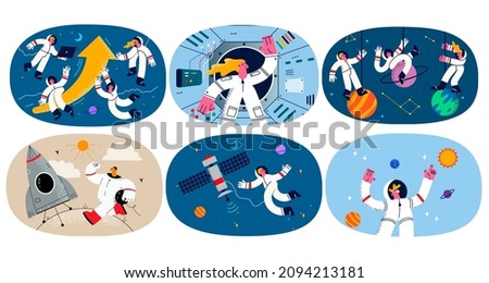 Set of astronauts in costumes discover open space on spaceship or satellite. Collection of spacemen flying near orbital body explore cosmos or universe. Science concept. Flat vector illustration. 
