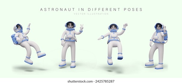 Conjunto de astronautas en diferentes posiciones. Personaje masculino en traje espacial